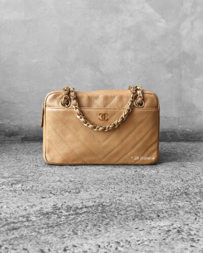Chanel Vintage Chevron Camera Bag in Caviar Leather and Gold Hardware