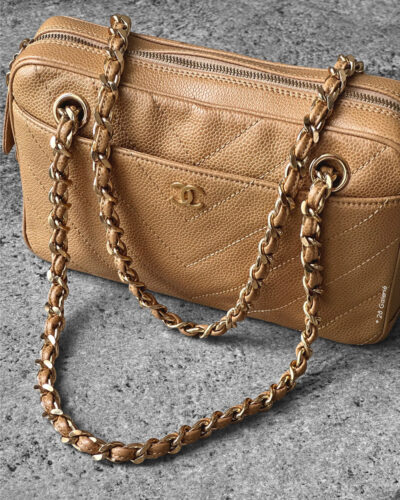 Chanel Vintage Chevron Camera Bag in Caviar Leather and Gold Hardware