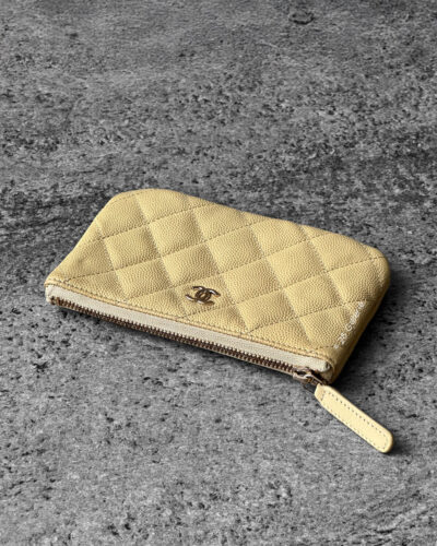 Chanel Yellow Zipped Pouch Wallet in Quilted Calfskin Leather and Light Gold Hardware