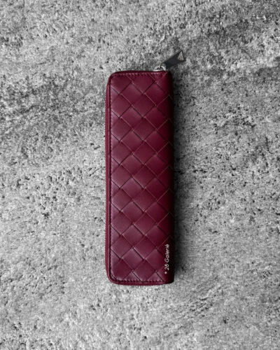Bottega Veneta Burgundy Pencil Zip Case Intreciattto Leather & Silver Hardware