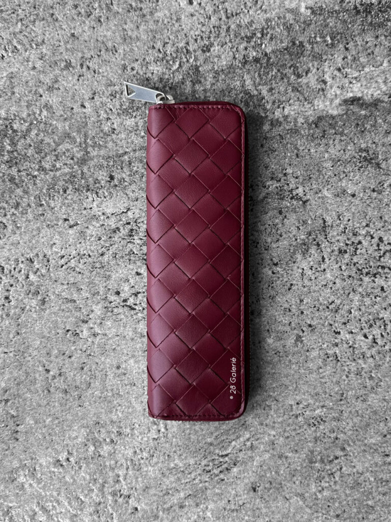 Bottega Veneta Burgundy Pencil Zip Case Intreciattto Leather & Silver Hardware