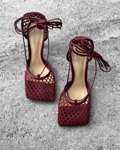 Bottega Veneta Burgundy Stretch Mesh Lace-up Sandals