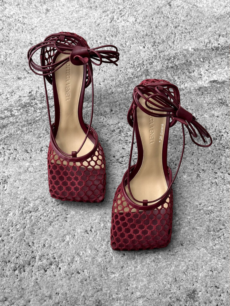 Bottega Veneta Burgundy Stretch Mesh Lace-up Sandals