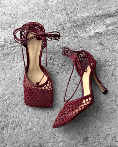 Bottega Veneta Burgundy Stretch Mesh Lace-up Sandals