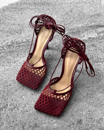 Bottega Veneta Burgundy Stretch Mesh Lace-up Sandals