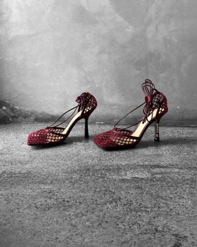 Bottega Veneta Burgundy Stretch Mesh Lace-up Sandals