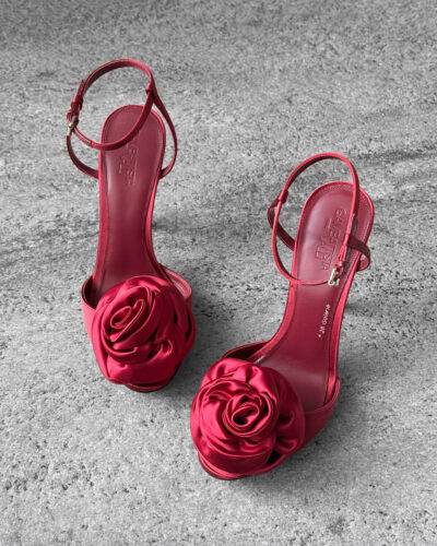 Gambattista Valli Red Satin Heeled Sandals with Flower