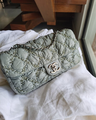 Chanel Sage Bubble Tweed East West Flap in Nylon Fabric and Silver Hardware