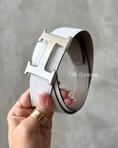 Hermes White / Etoupe Constance Reversible Belt in Silver Hardware (3cm)