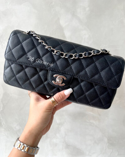 Chanel Vintage Black East West Flap in Caviar Leather and Silver Hardware