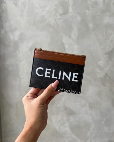 Celine Triomphe Card Holder in Monogram Canvas Calfskin Leather and Gold Hardware