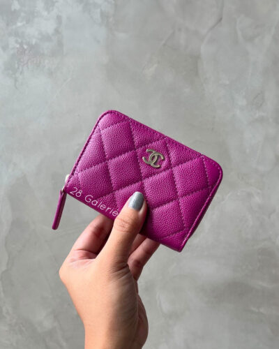 Chanel Fuschia Pink Zippy Card Holder in Caviar Leather and Light Gold Hardware