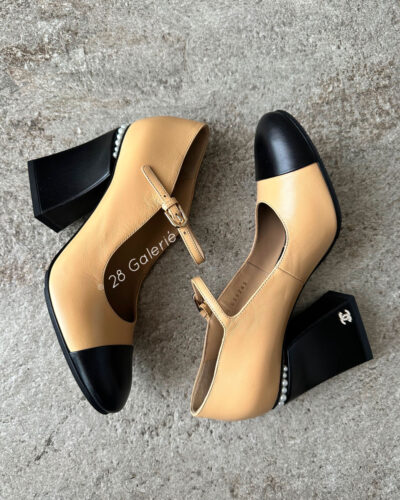 Chanel 22A Pearl Embellished Open Shoes with Shiny Goatskin Cap Toe Pumps