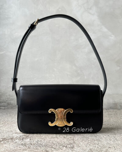 Celine Black  Shiny Calfskin Triomphe Shoulder Bag and Gold Hardware