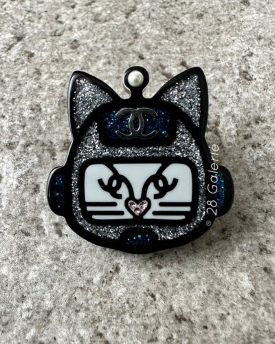 Chanel 17S Resin Emoji Cat Brootch in Silver/Blue Sparkle