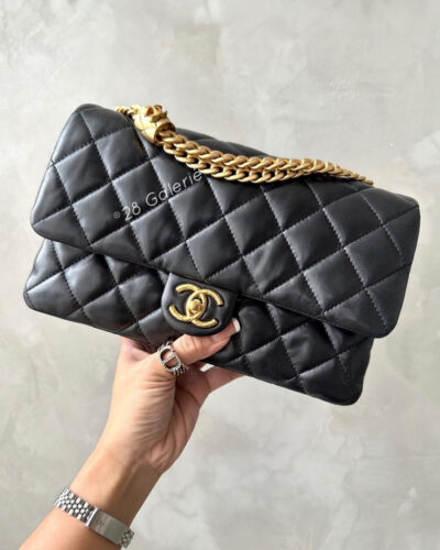 Chanel 22K Black Pearl Crush Single Flap in Lambskin Leather and Aged Gold Hardware