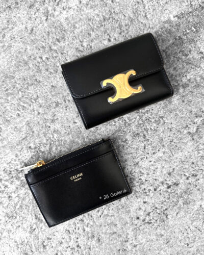 Celine Black Triomphe Detachable Wallet in Shiny Calfskin Leather and Gold Hardware