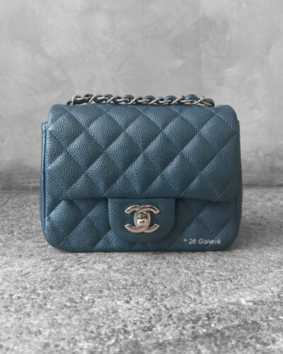 Chanel Pearly Blue Mini Square Flap in Caviar Leather and Silver Hardware