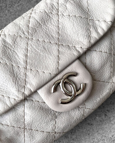 Chanel Vintage Grey Flap in Calfskin Leather with Brown Shoulder Strap and Silver Hardware