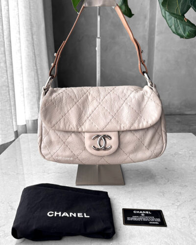 Chanel Vintage Grey Flap in Calfskin Leather with Brown Shoulder Strap and Silver Hardware