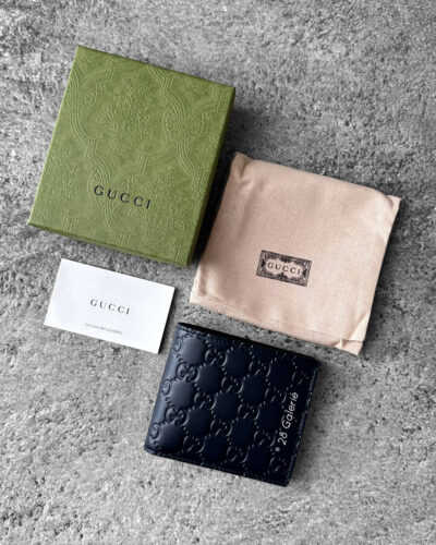 Gucci Navy Blue Web Logo Bifold Wallet in Calfskin Leather