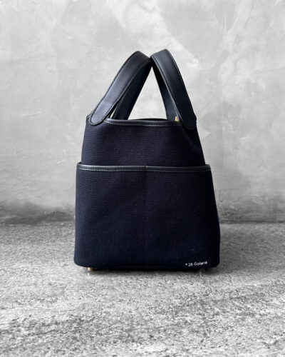 Hermes Cargo Picotin 18 in Bleu Marine Toile Geoland/Caban Swift Leather and Gold Hardware