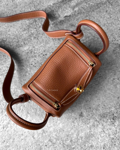 Hermes Gold Mini Lindy in Clemence Leather and Gold Hardware