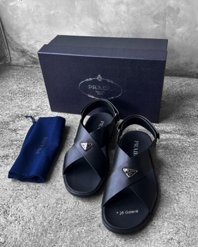 Prada Men’s Black Crisscross Sport Sandals in Lambskin Leather and Silver Hardware