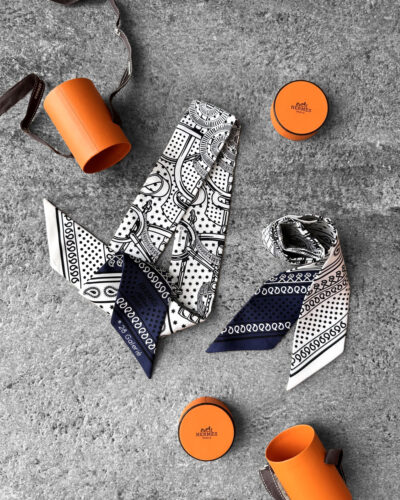 Hermes White Marine Black Silk Eperon d'Or Cut Twilly