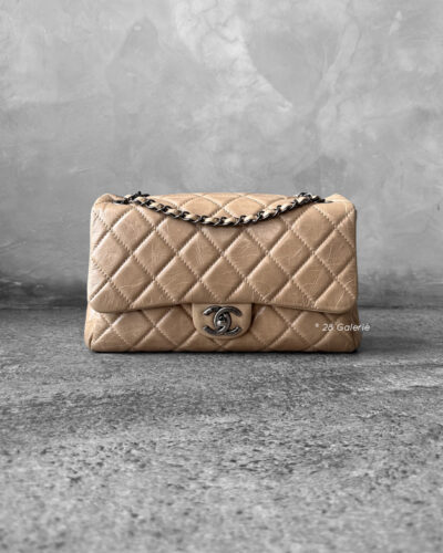 Chanel Beige Accordion Flap in Calfskin Leather and Aged Silver Hardware