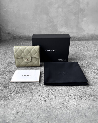 Chanel Khaki Green Tri-fold Wallet in Caviar Leather and Silver Hardware