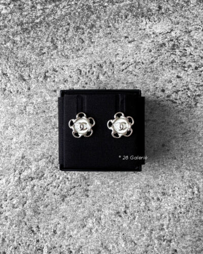 Chanel Logo Clear Pearl and Steel Silver Hardware Earrings