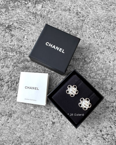 Chanel Logo Clear Pearl and Steel Silver Hardware Earrings