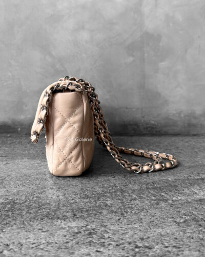 Chanel Small Beige Chain Around Flap in Calfskin Leather and Silver Hardware