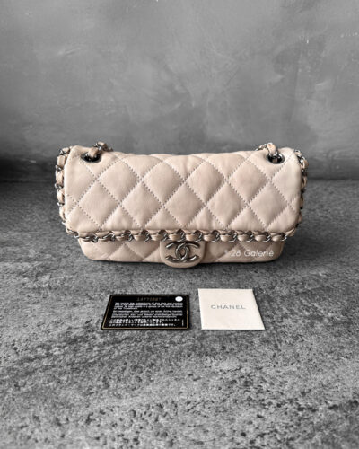 Chanel Small Beige Chain Around Flap in Calfskin Leather and Silver Hardware