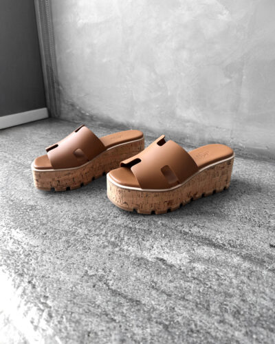 Hermes 37EU Naturel Eze 30 Sandal in Calfskin Leather and Light Cork Platform