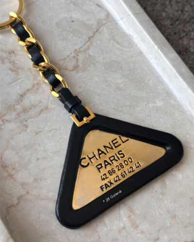 Chanel Black Triangle Keychain in Calfskin Leather and Gold Hardware