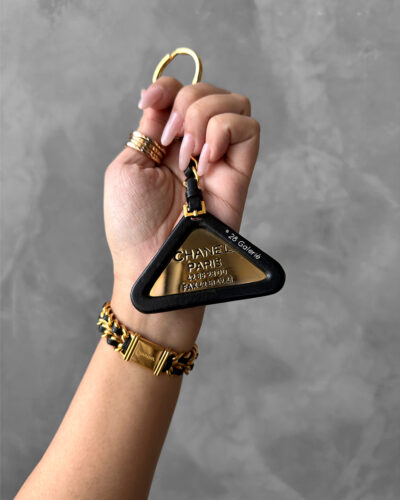 Chanel Black Triangle Keychain in Calfskin Leather and Gold Hardware