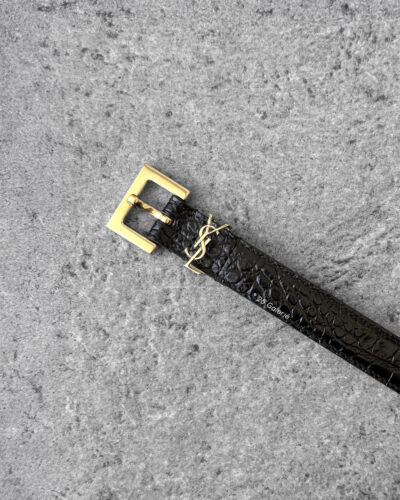 Saint Laurent 2cm Black Cassandre Belt in Crocodile Leather and Gold Hardware