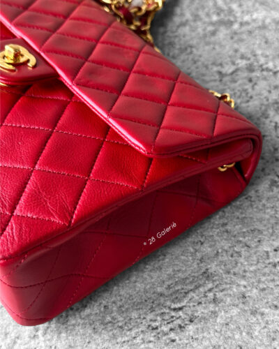 CHANEL Vintage Red Lambskin 20cm Mini Square Flap Bag in 24k Gold hardware