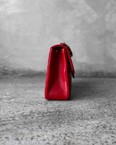 CHANEL Vintage Red Lambskin 20cm Mini Square Flap Bag in 24k Gold hardware