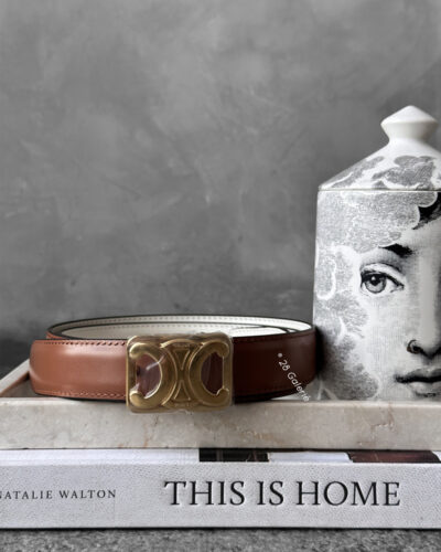 Celine Tan/rice Triomphe belt Reversible Gold Hardware S80