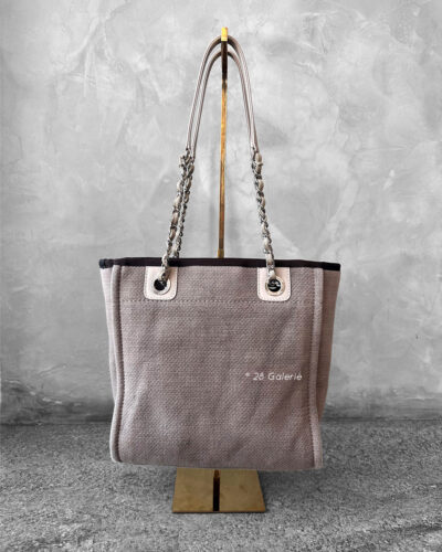 Chanel Brown/Beige Deauville PM Canvas Leather Tote Bag in Silver Hardware