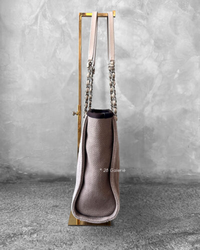 Chanel Brown/Beige Deauville PM Canvas Leather Tote Bag in Silver Hardware