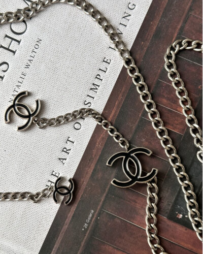 Chanel Silver and Black Logo Chain