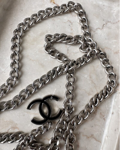 Chanel Silver and Black Logo Chain