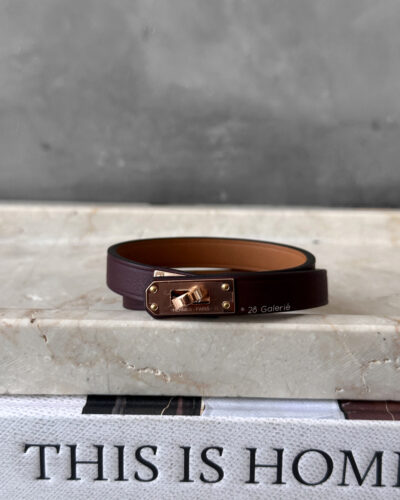 Hermes Rouge Mini Kelly Double Tour Bracelet in Calfskin Leather and Gold Hardware