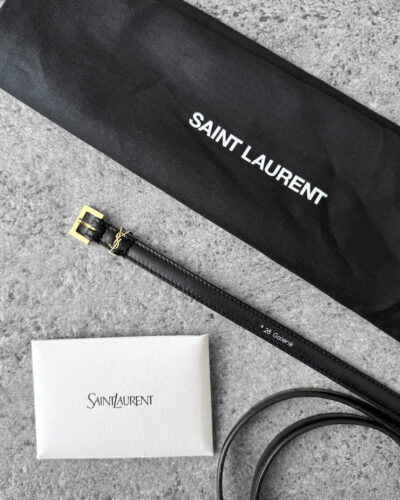 Authentic Saint Laurent Black Cassandre Belt in Calfskin Leather and Gold Hardware