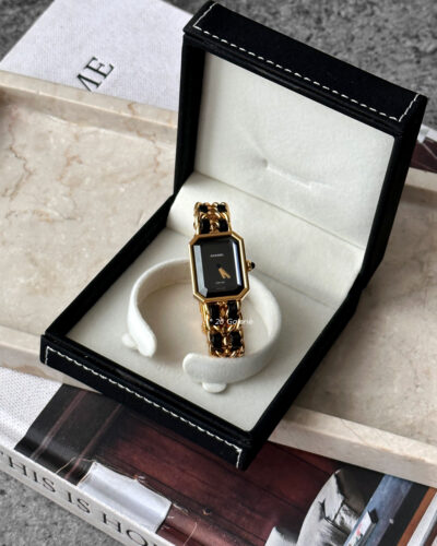 Chanel Premiere M Vintage Gold Plated and Black Leather Watch