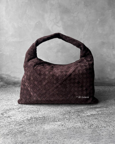 Bottega Veneta Small Brown Hop Hobo Bag in signature Intrecciato suede. A soft, timeless design that combines luxury craftsmanship with everyday elegance.